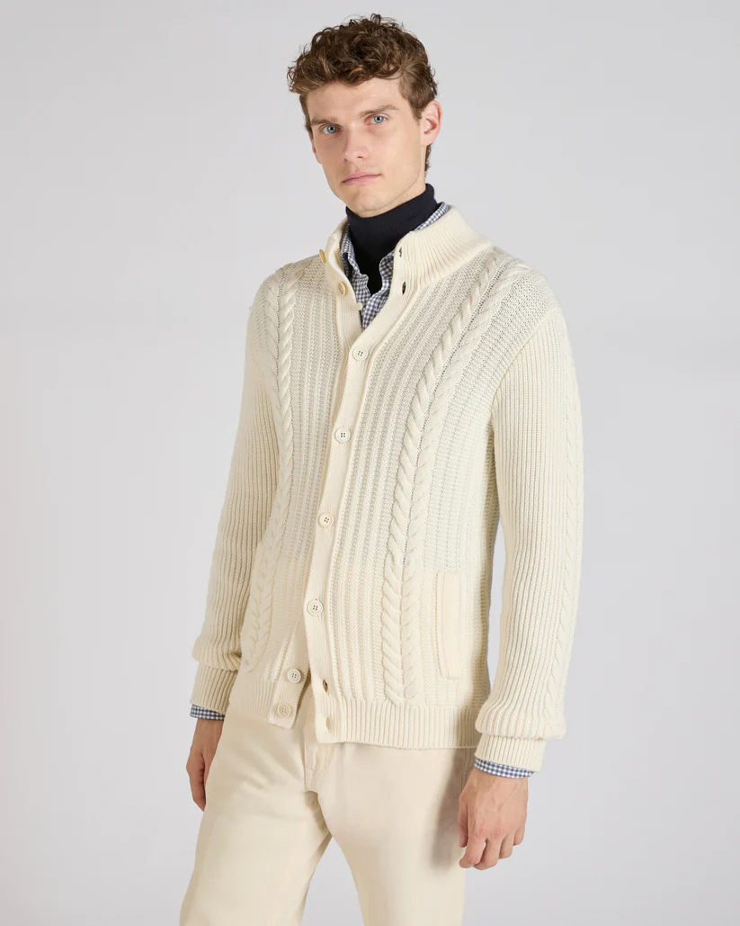 Slim-Fit Wool High-Neck Cardigan - Beige | Wool Knit