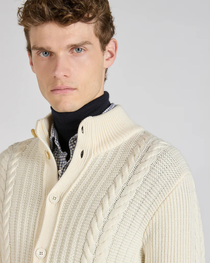 Slim-Fit Wool High-Neck Cardigan - Beige | Wool Knit